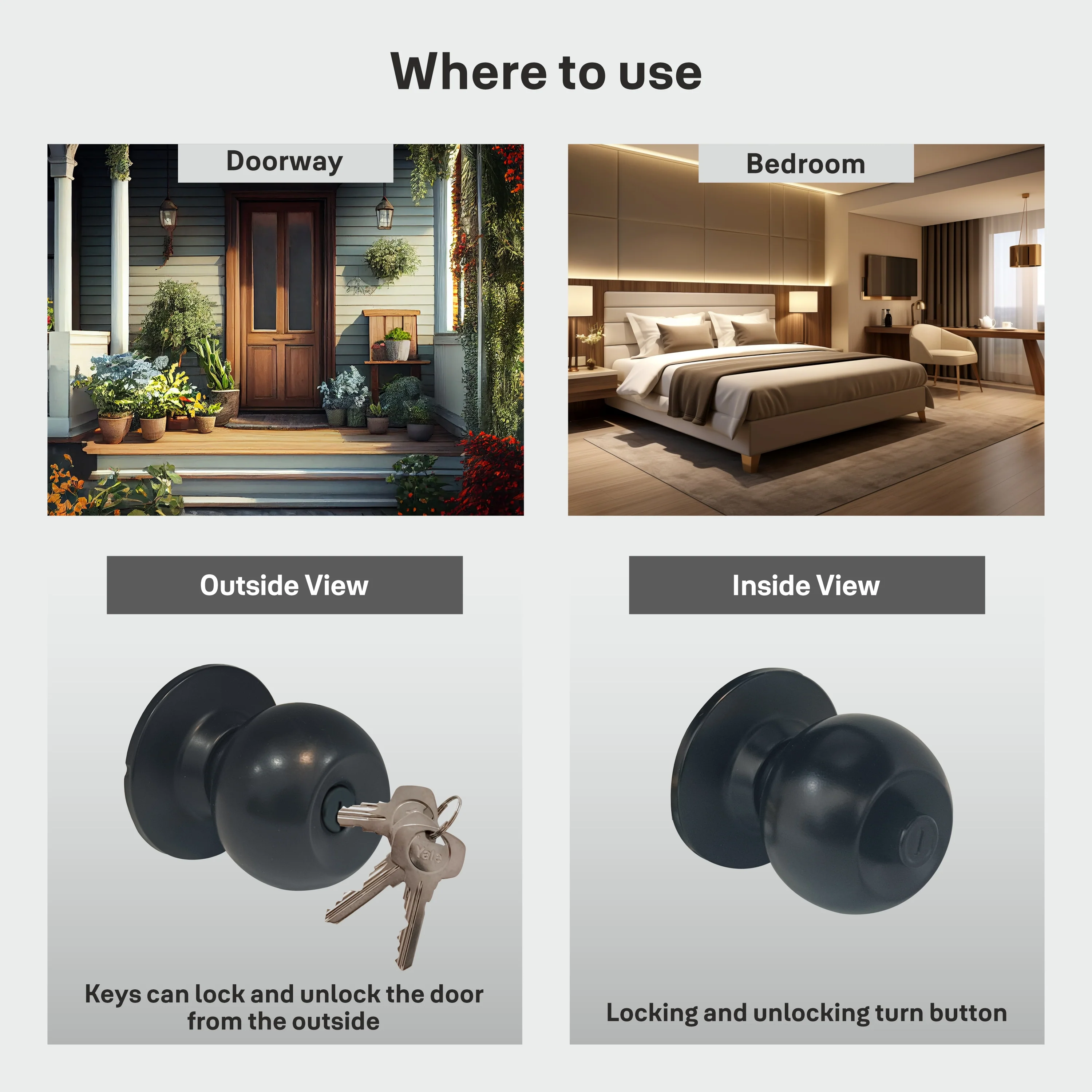 CA5127 US 19 Knobset- 60/70mm B/S, Entrance (with key) Black - Image 7