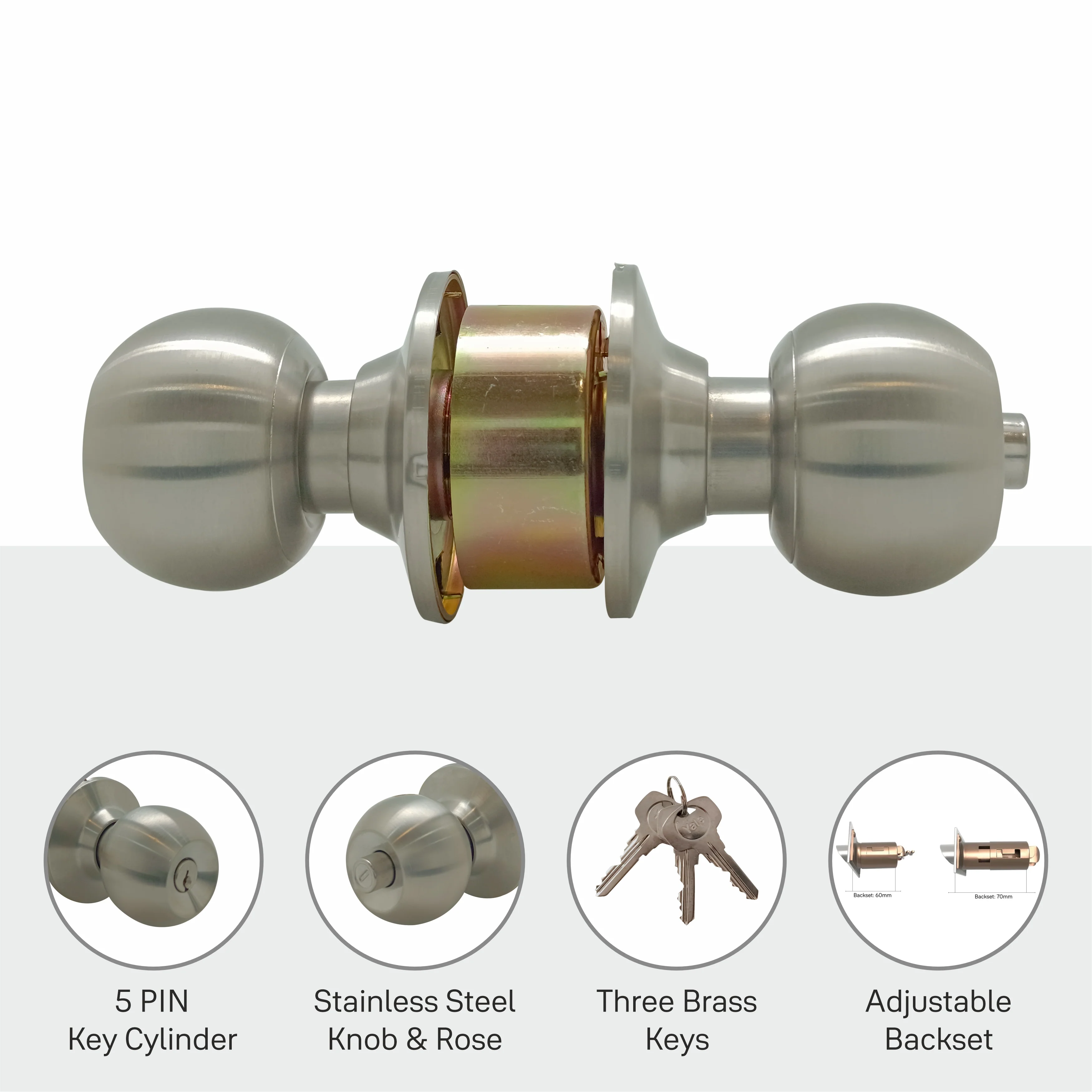 CA5127 Knobset 60/70mm B/S, Entrance, Satin Steel - Image 6