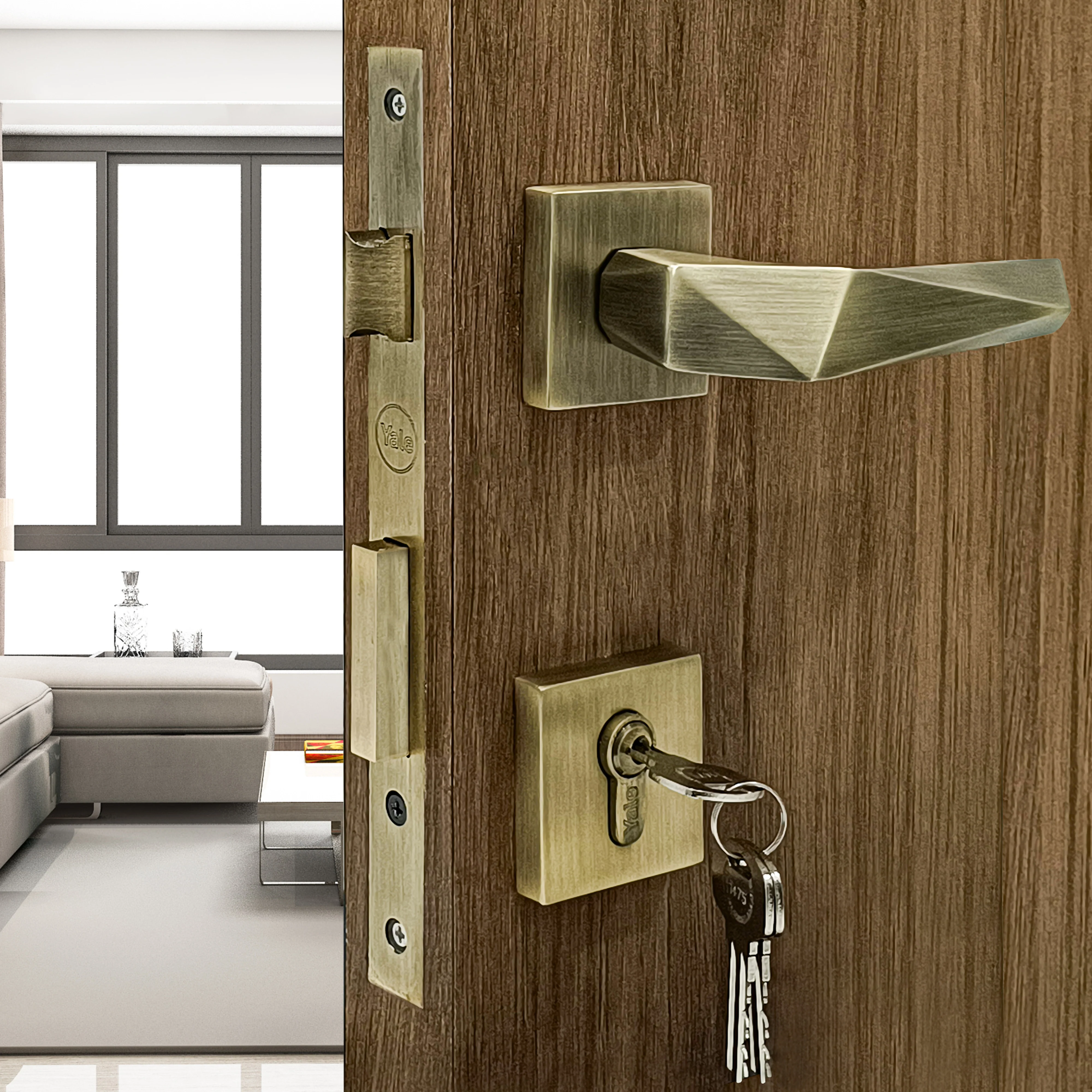 SM-01-01-02 Yale SM series Mortise Lock Comboset with Rose and Escutcheons, Cylinder with Knob inside and keys Outside, AB Finish - Image 9