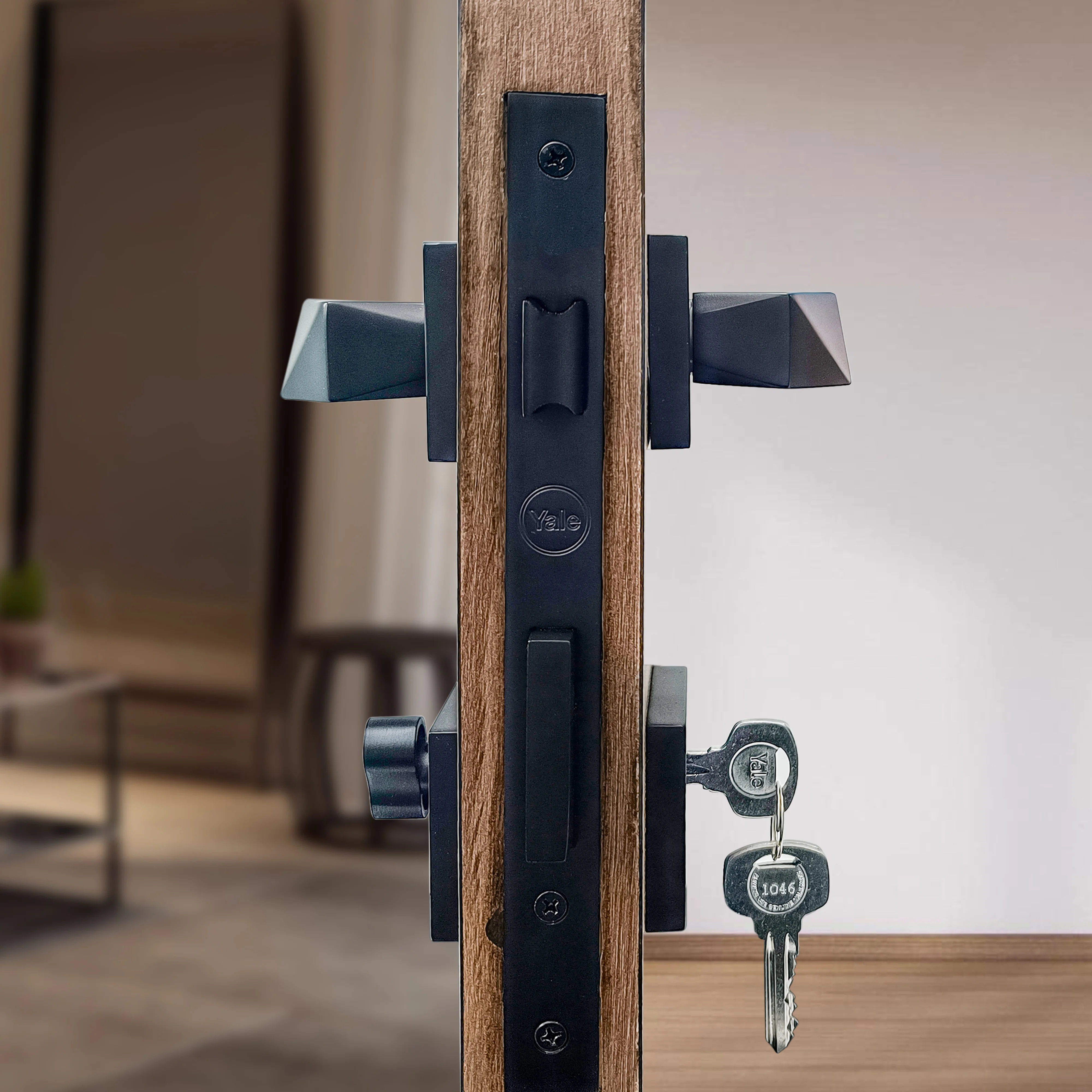 SM-01-01-03 Yale SM series Mortise Lock Comboset with Rose and Escutcheons, Cylinder with Knob inside and keys Outside, Black Finish - Image 4