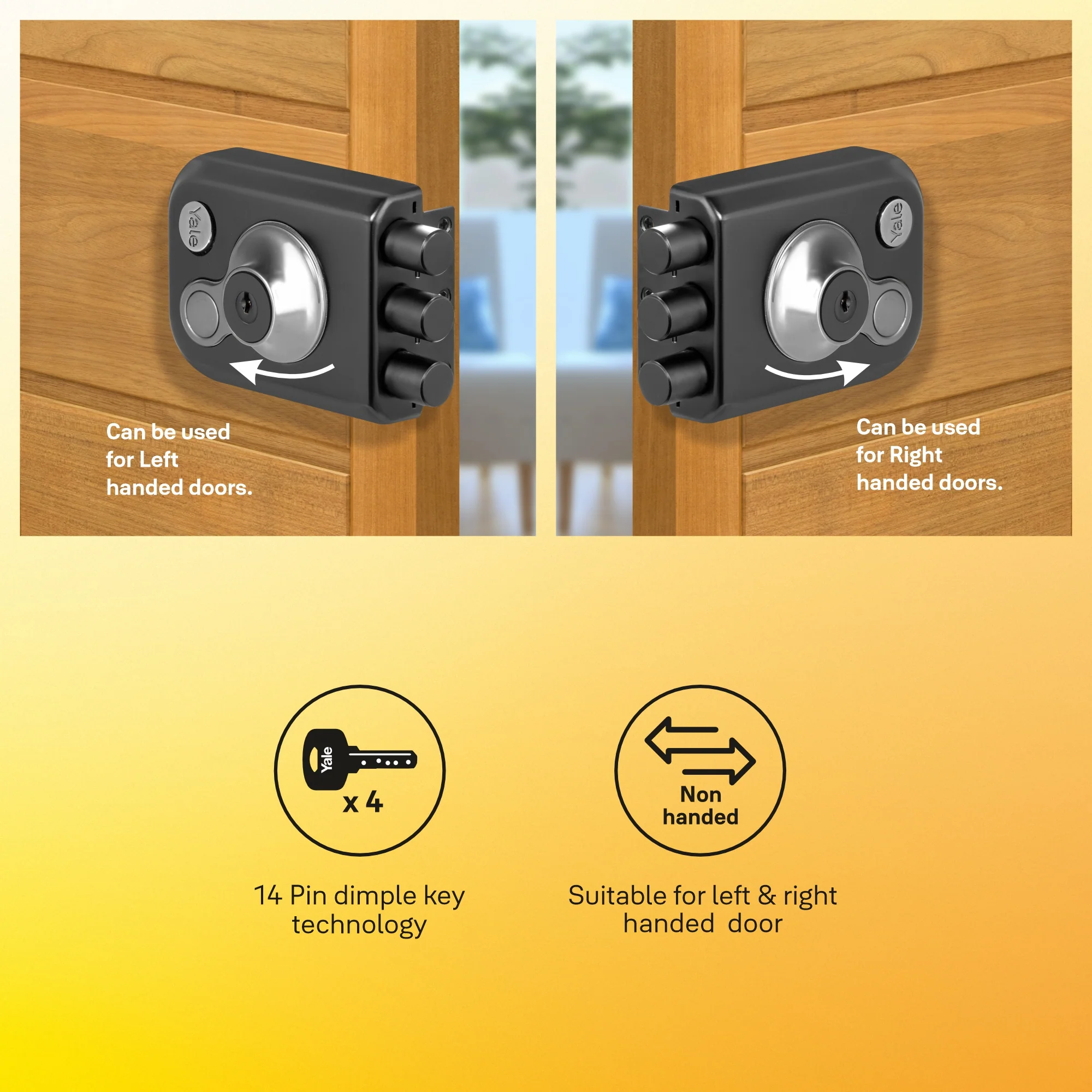 Yale Kratos™ Rim lock – 3 Deadbolt main door lock (KRT-3B-DC-BM/BN)  Brass Matt (BM) / Brushed Nickel (BN) - Image 7