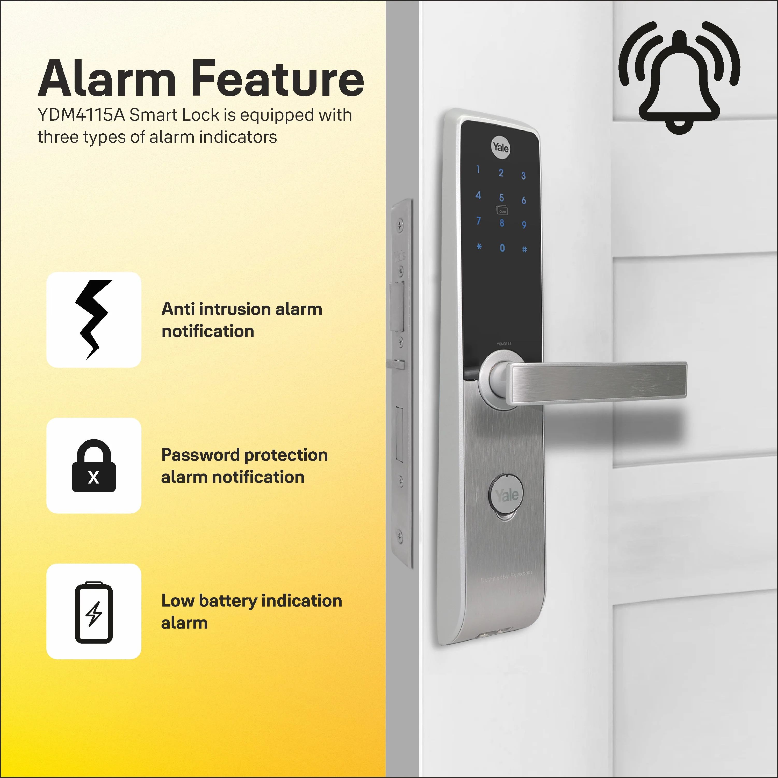 YDM 3115 AV Series- Smart Lock, Silver with PIN, RFID and Mechanical card - Image 10