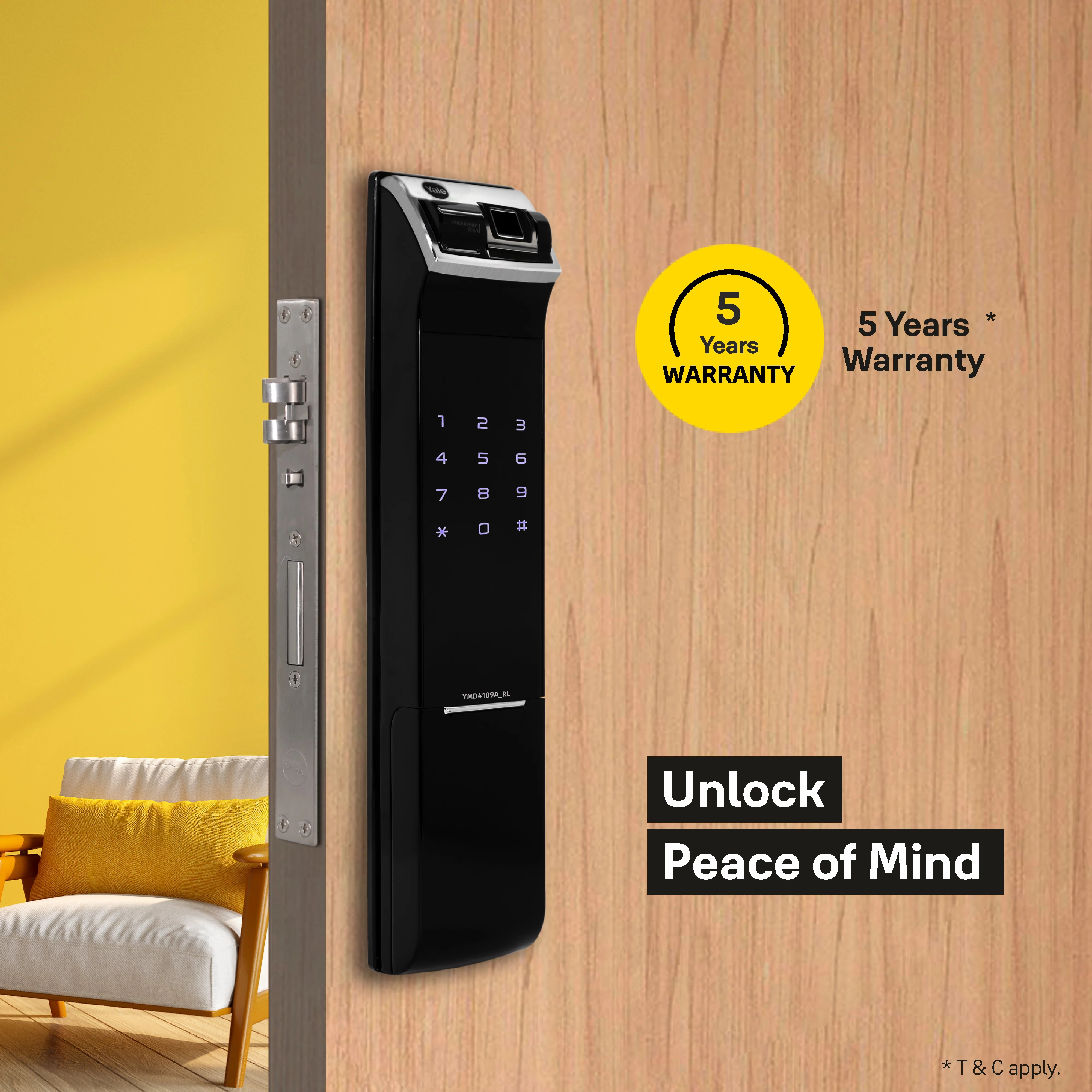 YDM 4109 (Roller Latch) Smart Lock, Black , Without Handle - Image 7